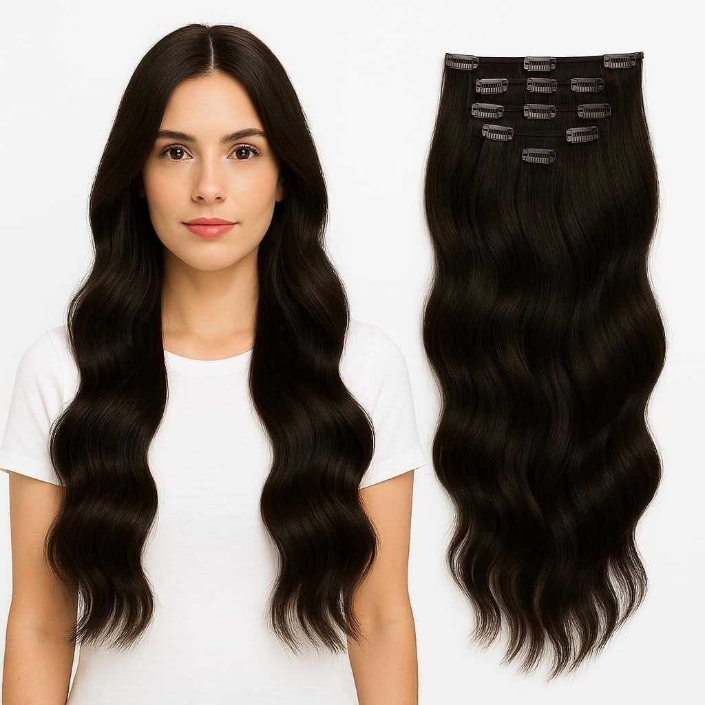 Extensiones de Pelo Natural Remy Clips – 50 cm, 80 g, 7 Piezas – (#1 Negro Intenso)